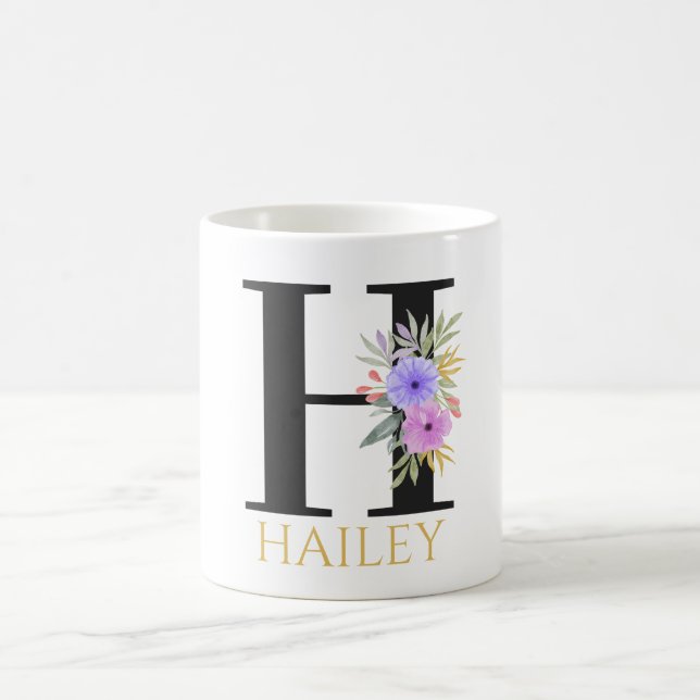 Tasse de café à monogramme floral aquarelle (Centre)
