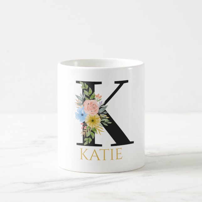 Tasse de café à monogramme floral aquarelle (Centre)