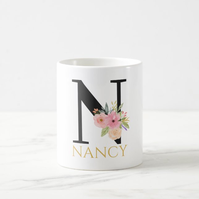 Tasse de café à monogramme floral aquarelle (Centre)