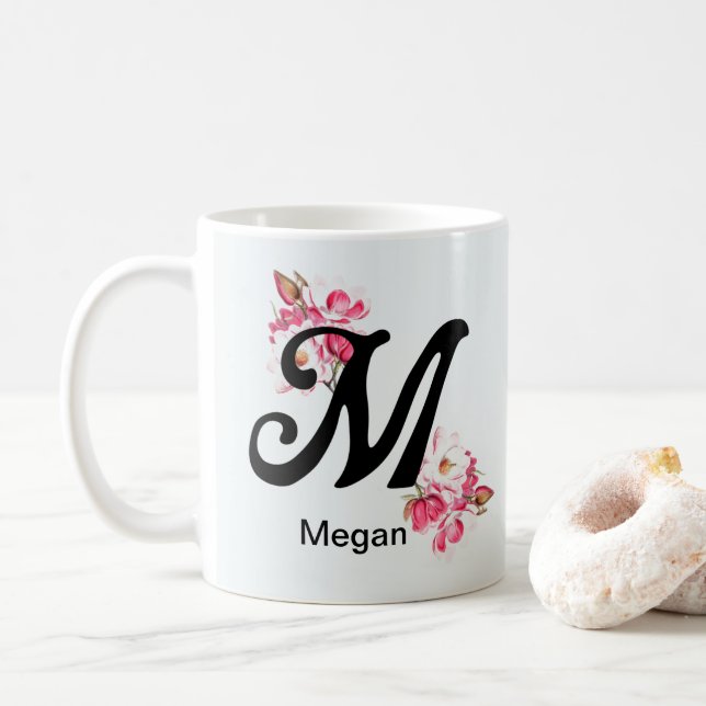 Tasse de café à monogramme floral lettre initiale  (Avec donut)