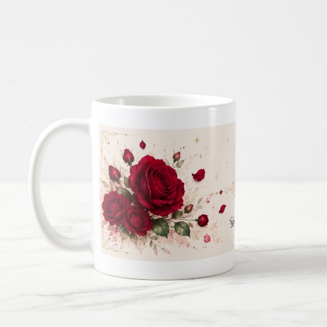 Tasse de café à notes d'amour de rose rouge romant (Gauche)