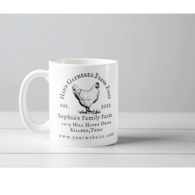 Tasse de café à texte noir pour entreprise de ferm (Modern chicken farm owner name address coffee mug)