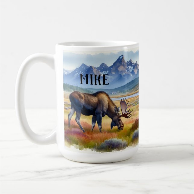 Tasse de café aquarelle personnalisée Élan d'Alask (Gauche)