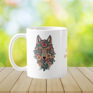 Tasse de café avec art de loup floral boho psychéd