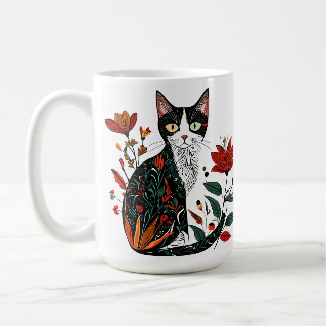 Tasse de café avec motif de chat fleuri pour amate (Gauche)