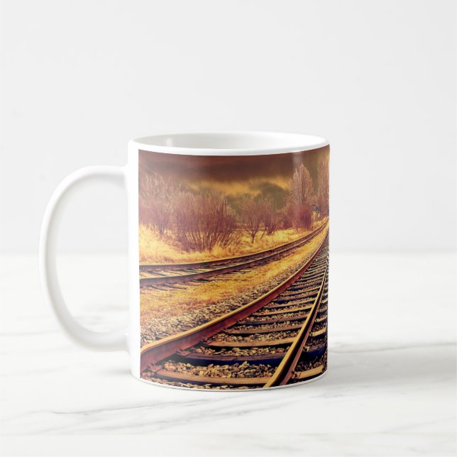 Tasse de café avec photo de voies ferrées sereines (Gauche)