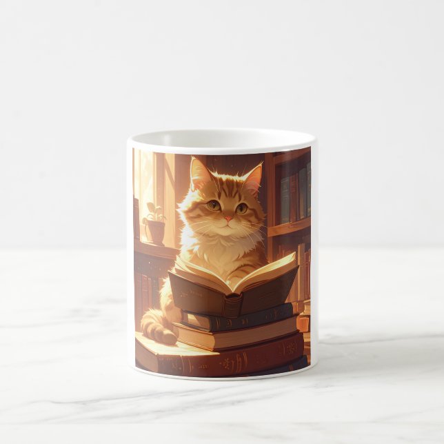 Tasse de café avec un chat lisant confortablement (Centre)