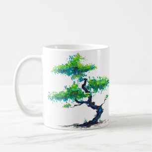 Tasse de café bleue d'aquarelle de bonsaïs