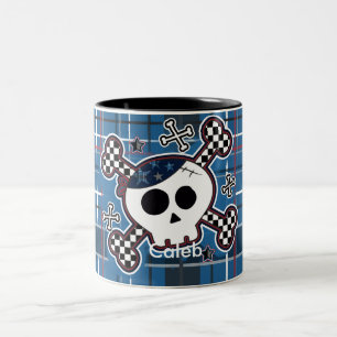 Tasse de café bleue de crâne de plaid et de tasse