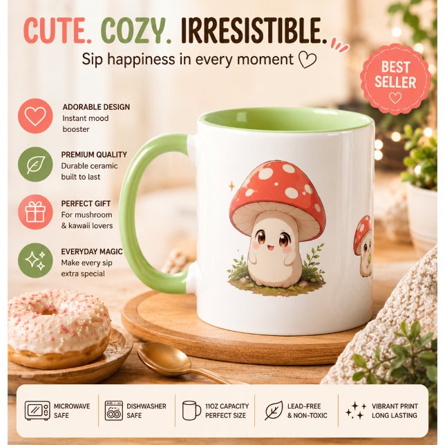 Tasse de café champignon mignon Kawaii – Bois Cott (Créateur téléchargé)