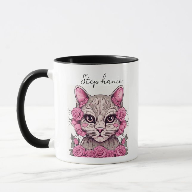 Tasse de café Chat avec des roses roses (Gauche)