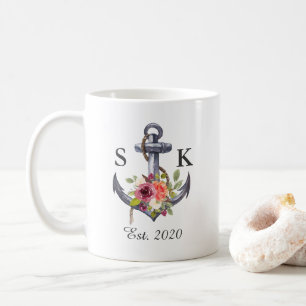 Tasse de café de mariage floral à l'ancre nautique