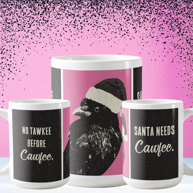 Tasse de café de Noël Crow Santa Rose Noir Cawfee (A tall Christmas mug is perfect when Santa is tired on Christmas morning. Santa crow needs coffee!)