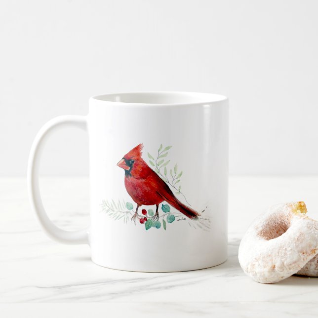 Tasse de café en aquarelle représentant un cardina (Red Cardinal Bird Watercolor Art Coffee Mug from Jenn's Emporium. )