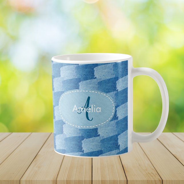 Tasse de café en denim bleu élégant avec monogramm (Créateur téléchargé)