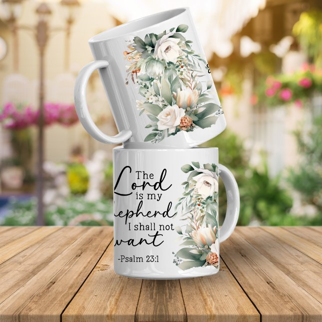 Tasse de café florale avec verset de Psaume de la  (Psalms bible verse Mug. The Lord id my shepherd i shall not want Psalms 23:1)