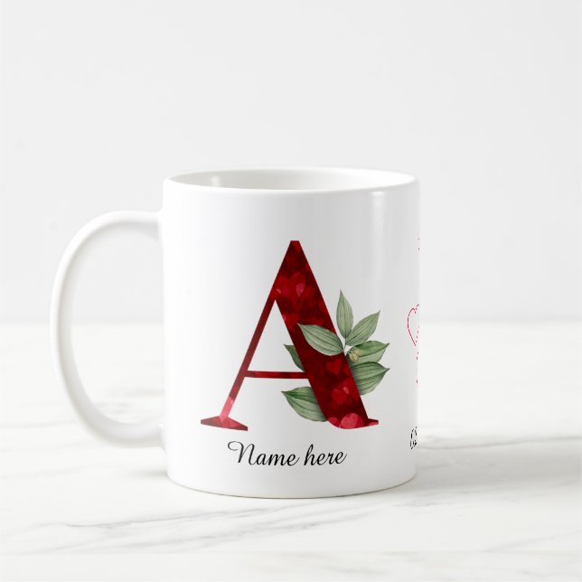 Tasse de café initiale Lettre A Florale Cœur Rouge (Gauche)