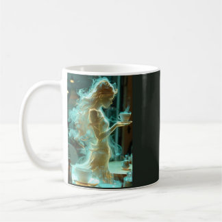 Tasse de café lumineuse avec femme en art de fumée