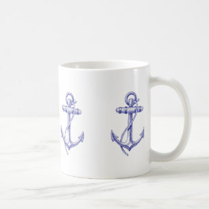 Tasse de café nautique bleue et blanche avec des