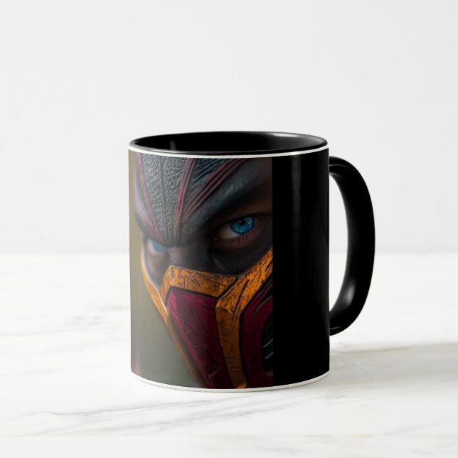 Tasse de café noire avec visage de monstre effraya (Devant droit)