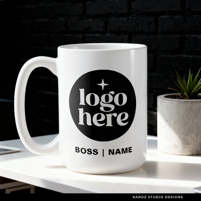 Tasse de café pour employés avec logo moderne (Mug shown in 15 oz. Add your logo and name, website, or tagline. Choose size and mug style.)