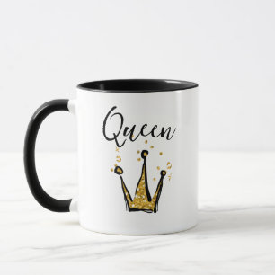 Tasse de café Reine pailletée noire et or amusante