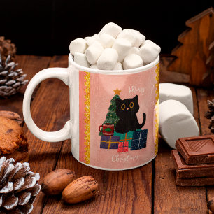 Tasse de café rose festive Joyeux Noël Chat noir m