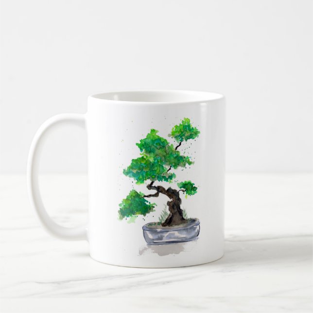Tasse de café verte d'aquarelle de bonsaïs (Gauche)
