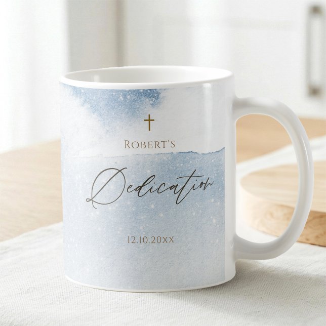 Tasse de dédicace de bébé garçon à l'aquarelle ble (Dusty Blue Watercolor Baby Boy Dedication Coffee Mug)