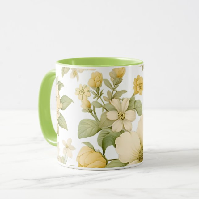 Tasse de jardin floral jaune avec poignée verte (Devant gauche)