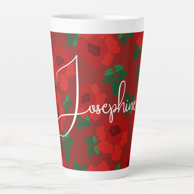 Tasse de Latte Illustrée avec Motif de Roses Rouge (Devant)