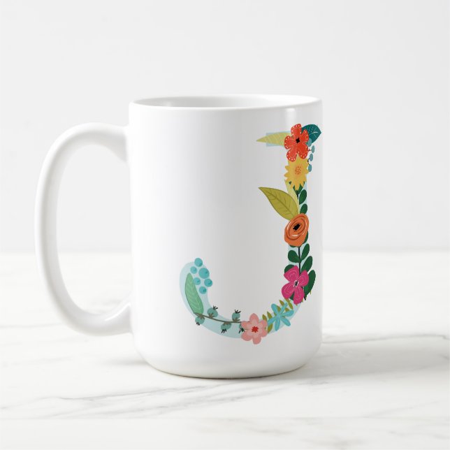 Tasse de monogramme de J, initiale florale de J, (Gauche)