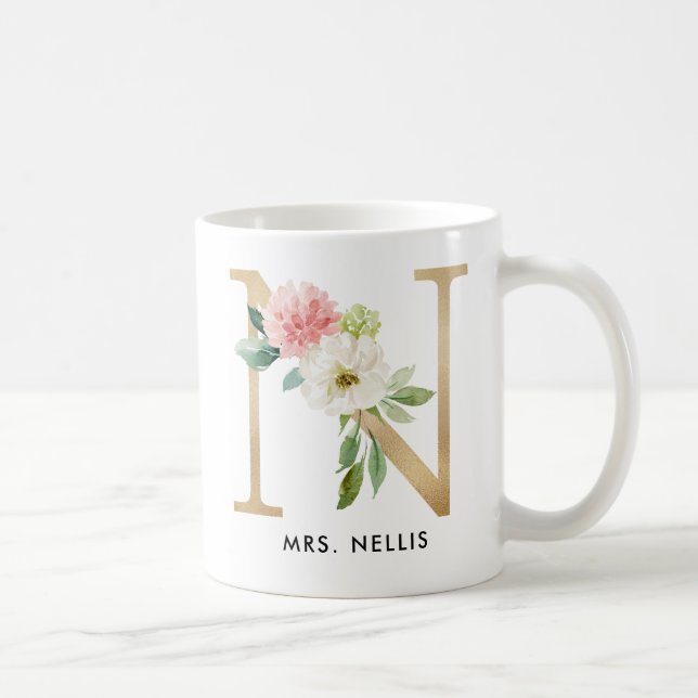 Tasse de monogramme, monogramme floral N, cadeau (Droite)