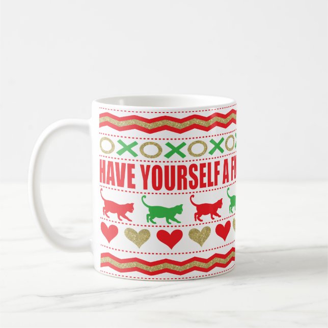 Tasse de Noël 11 oz. "Tasse de chat Noël fourrure" (Gauche)