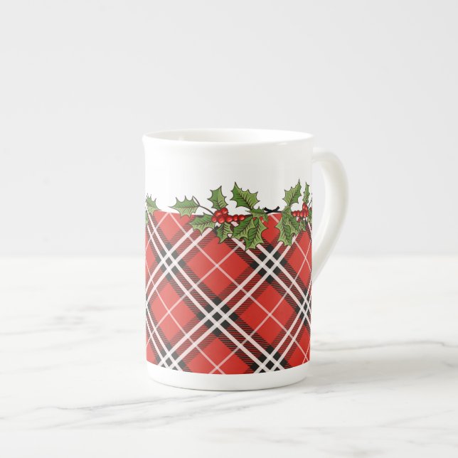 Tasse de Noël de porcelaine tendre de plaid et de (Devant droit)