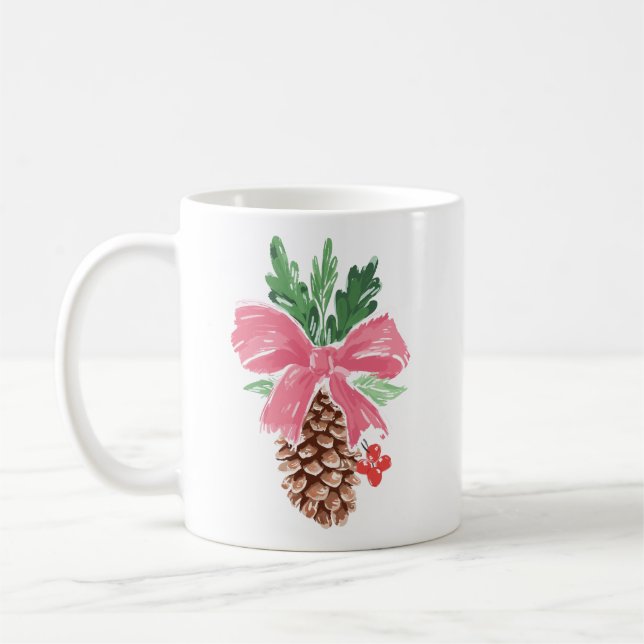 Tasse de Noël en pin rustique avec noeud rouge (Gauche)