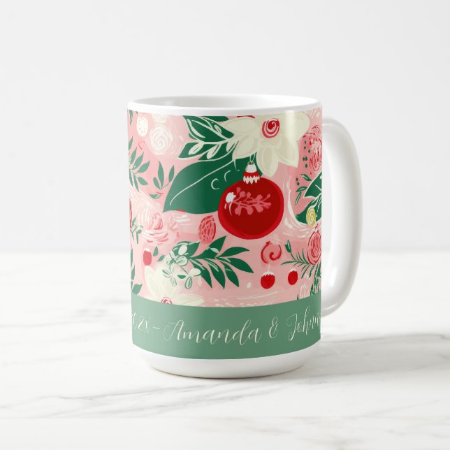Tasse de Noël rétro florale rose vert (Devant droit)