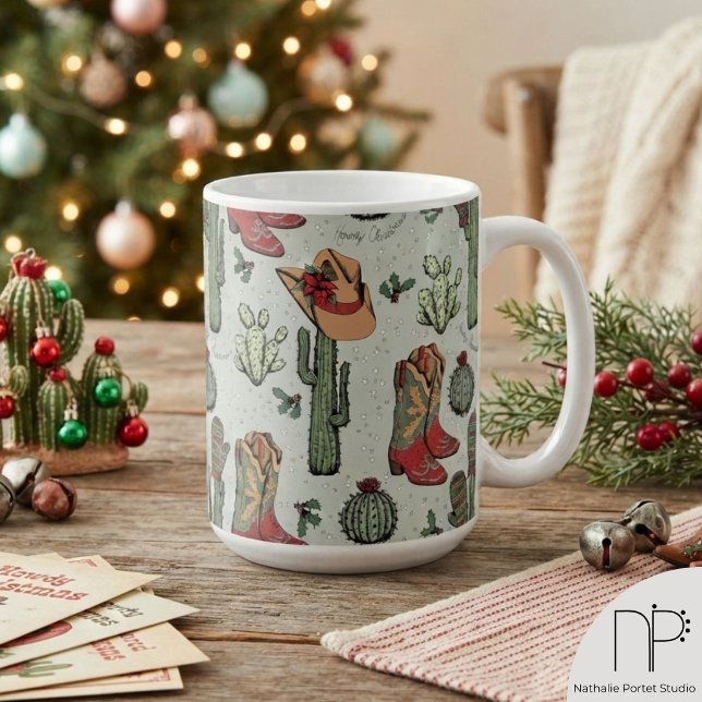 Tasse de Noël Western Howdy (This western christmas mug features hand-drawn boots, cacti, and holiday art on sage green.)