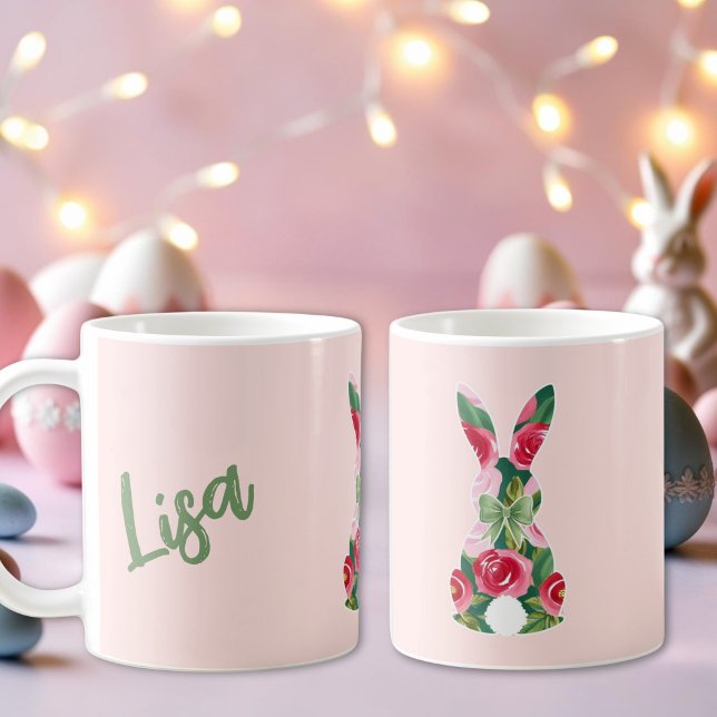 Tasse de Pâques Lapin Floral avec Fond Rose Clair  (Floral Easter Bunny Mug with Soft Pink Background)