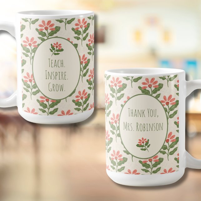 Tasse de reconnaissance de professeur florale | No (Floral Teacher Appreciation Mug | Personalized Name | Thank You Gift)
