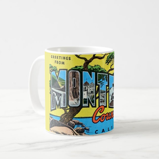 Tasse de salutation rétro Monterey County CA (Devant gauche)