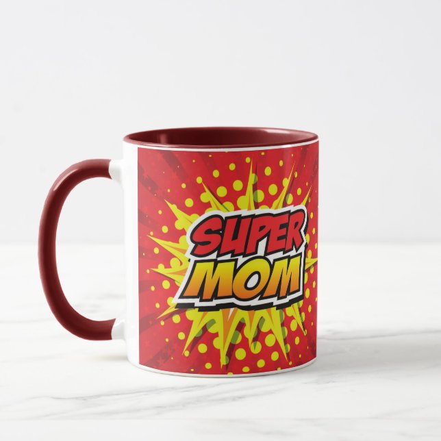 Tasse de Super Maman de style bande dessinée rouge (Gauche)