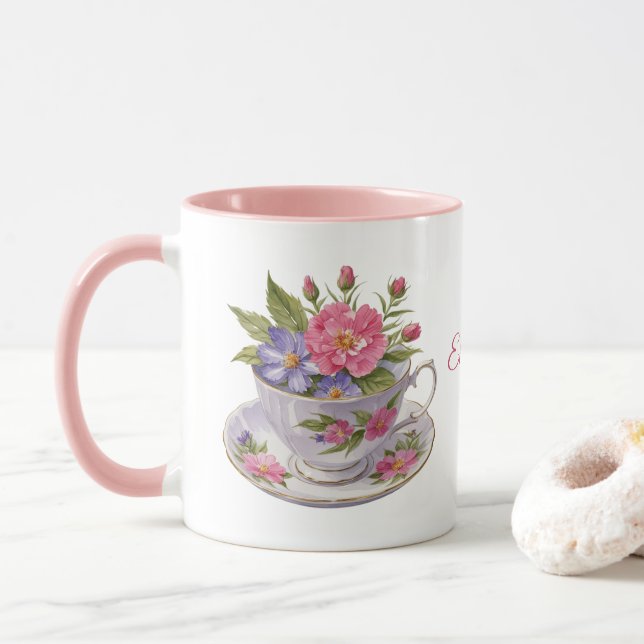 Tasse de thé à fleurs violettes roses personnalisé (Avec donut)