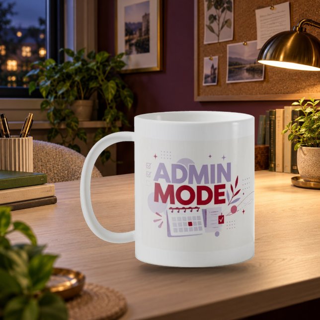 Tasse de typographie de bureau en mode Admin (Admin Mode Office Typography Mug — refined lighting and contact shadows. Digital lifestyle preview.)