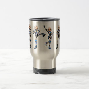 Tasse de voyage de la femme robot aux cheveux arge