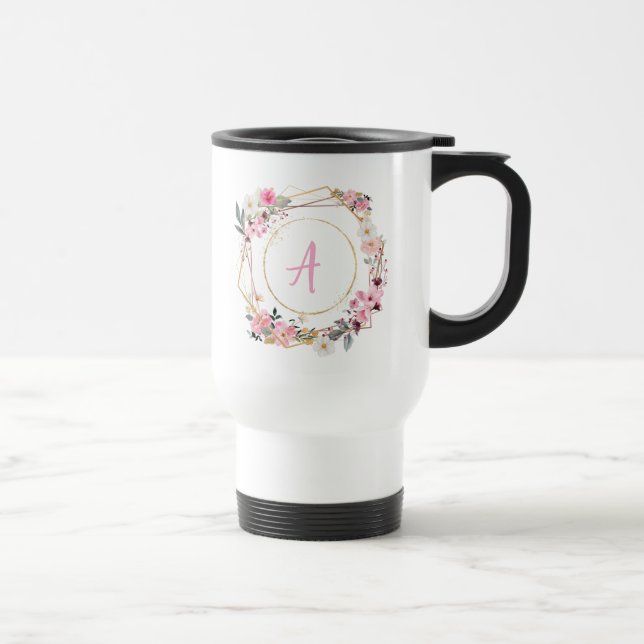 Tasse de voyage géométrique dorée à fleurs roses (Droite)