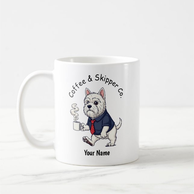 Tasse drôle de chien Schipperke en costume d'affai (Gauche)