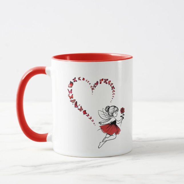 Tasse Élégante Papillon Rouge Cœur Fée Deux Tons (Gauche)