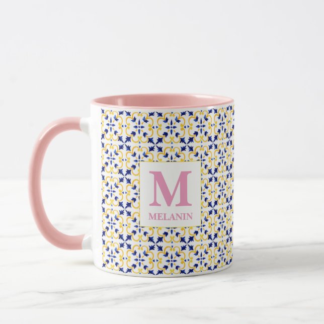 Tasse en carreaux de style aquarelle boho – Nom et (Gauche)