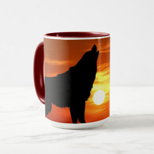 Tasse en céramique Loup hurlant au coucher du sole
